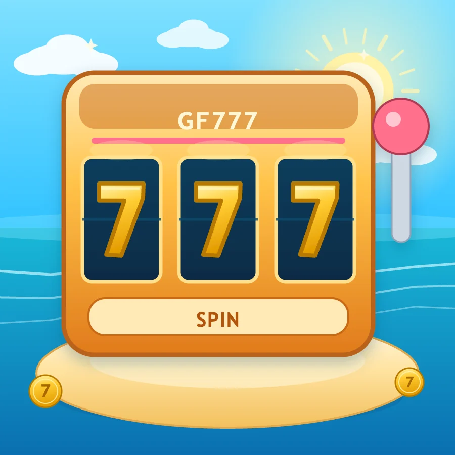 Kabinet slot GF777 dengan tiga reel angka 7 dan tuas merah