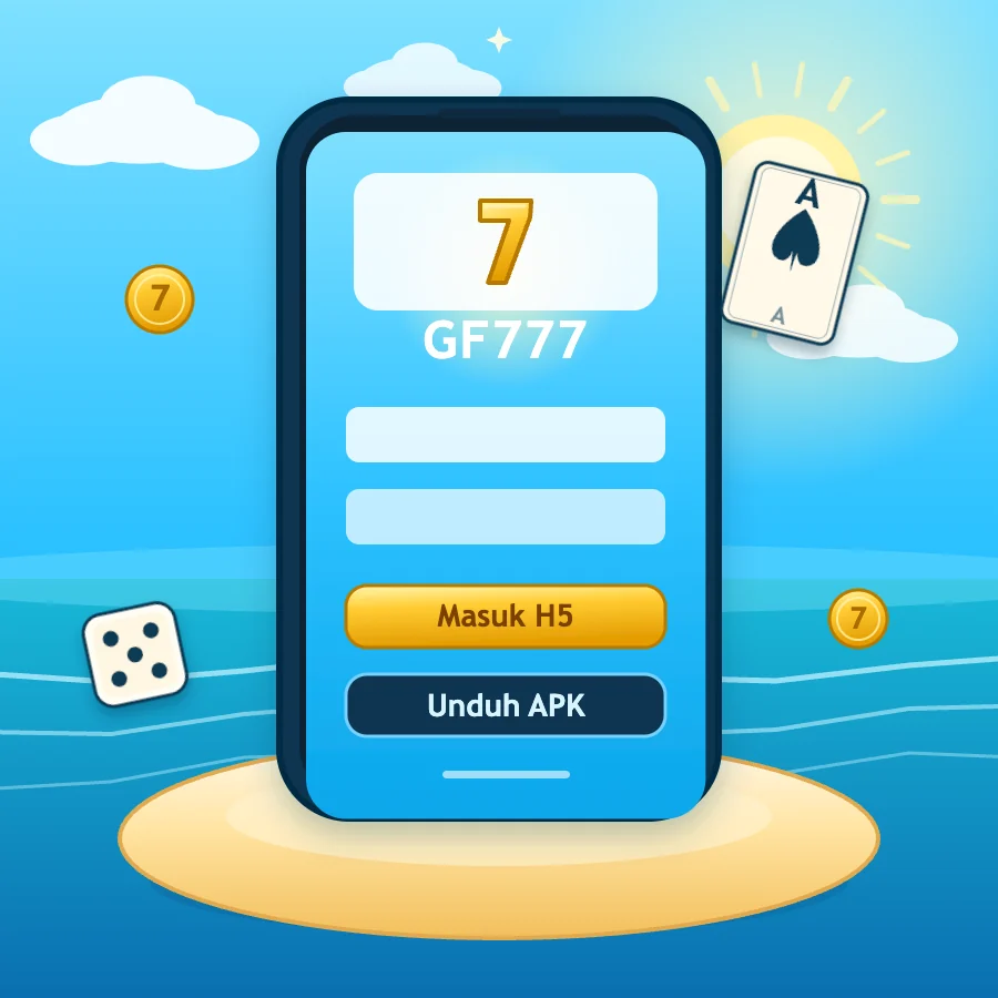 Ponsel menampilkan layar masuk GF777 dengan tombol Masuk H5 dan Unduh APK