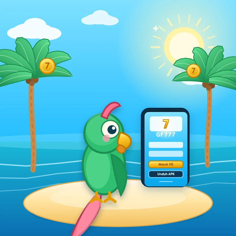 Maskot burung beo gf777 memegang ponsel di samping koin 7 di pulau tropis